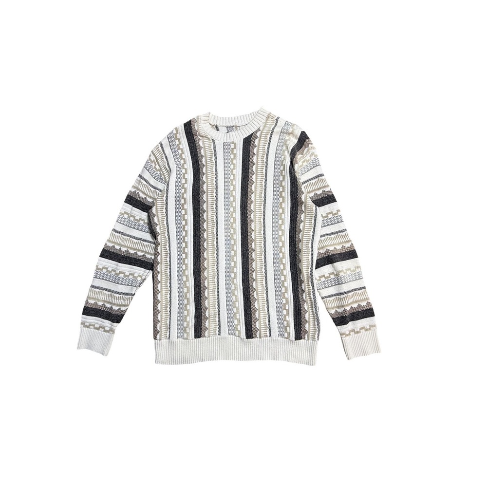 Hollister Sweater Mens Medium Beige Gray Crewneck Pullover Knit Striped Pattern